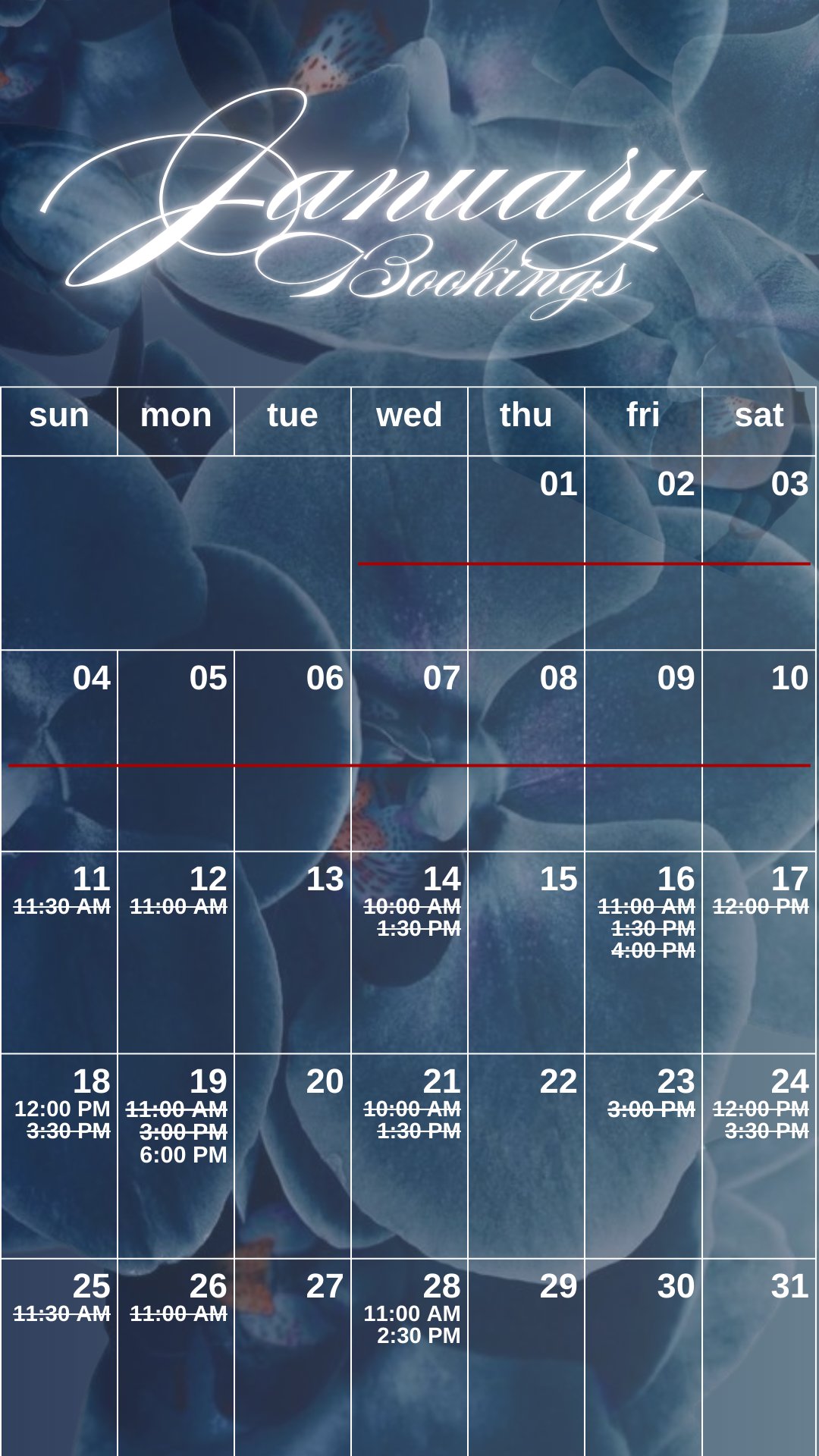 January bookings calendar design